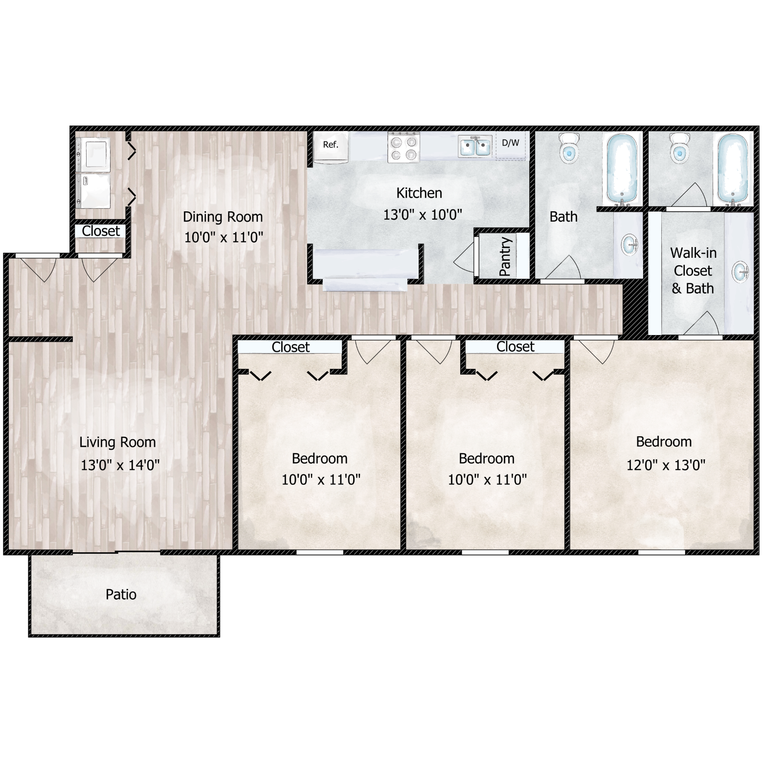 Floor plan for 3 beds, 2 baths, 1315 sqft